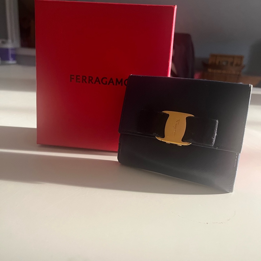 Ferragamo Navy Wallet with Gold Accent